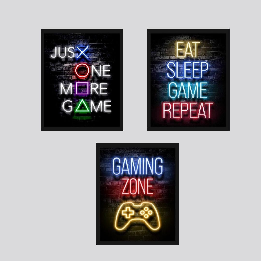 Gaming Text Neon Wall Frames / Wall Frame For Room Decoration - Set of 3