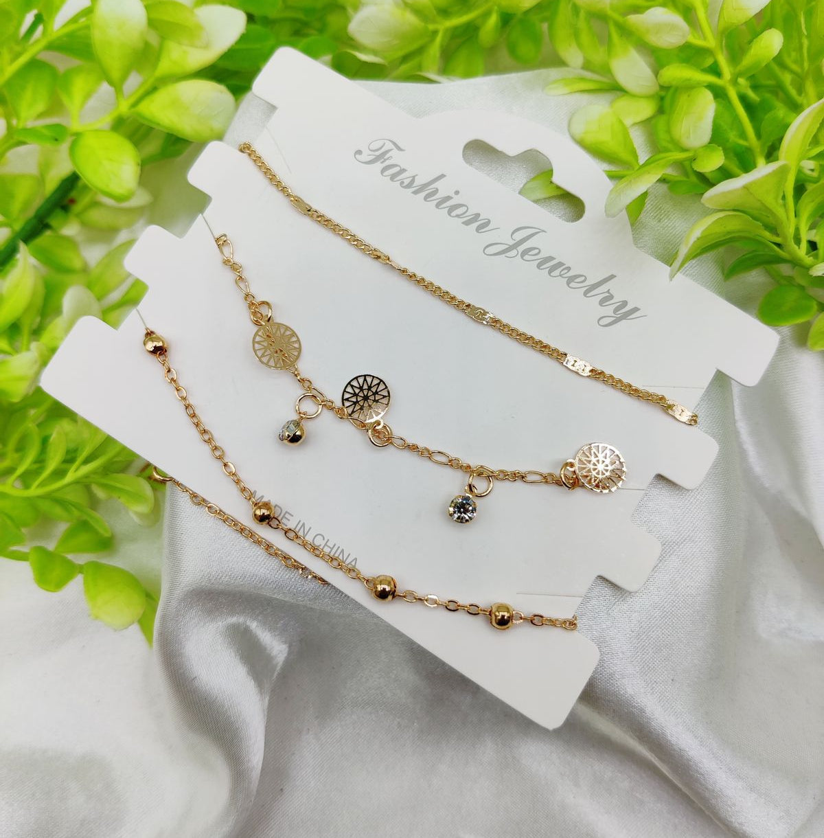 Imported Golden Triple-Layer Adjustable Bracelet Set with Radiant Charm Accents